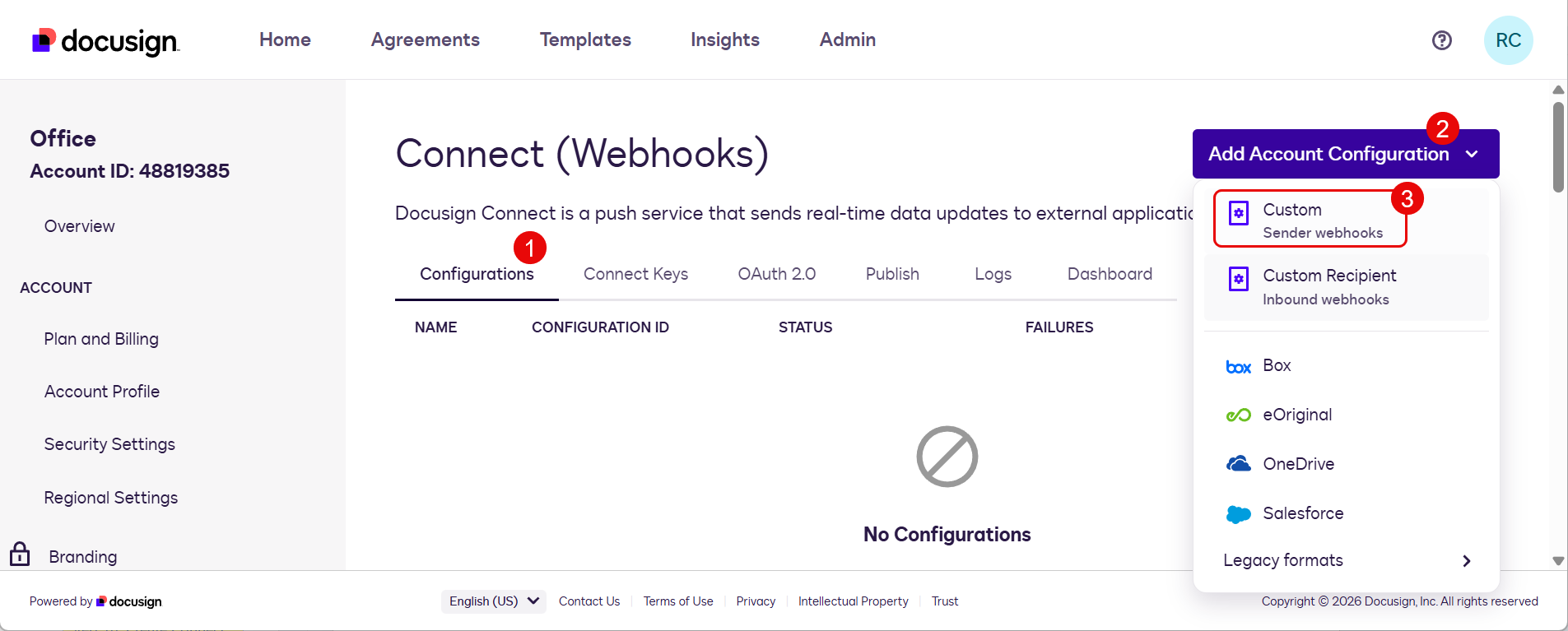 DocuSign Connect Configurations tab showing the Add Configuration button