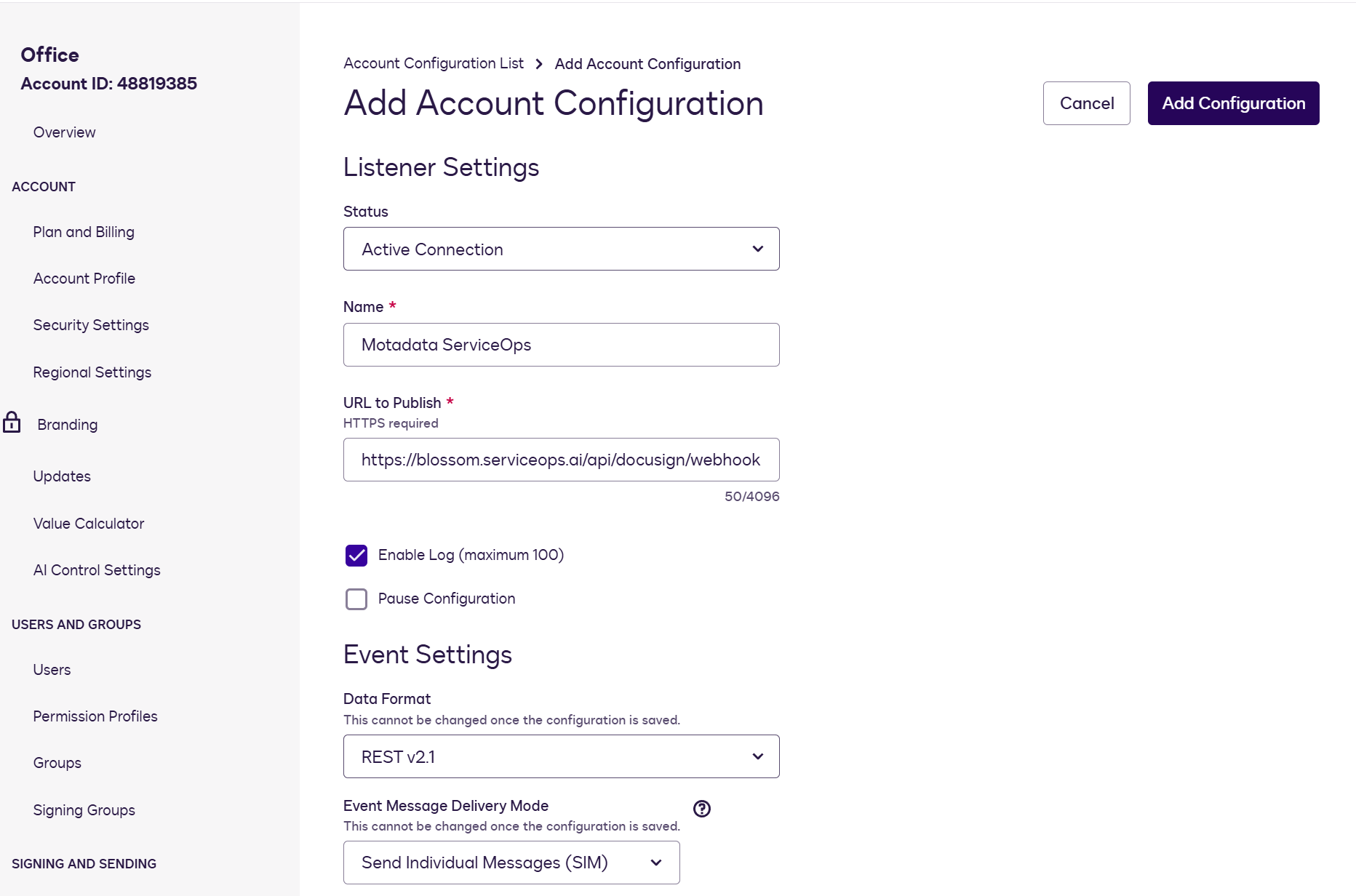 Add Account Configuration form showing Listener Settings with Status, Name, URL to Publish, and Enable Log fields, and Event Settings with Data Format and Event Message Delivery Mode fields