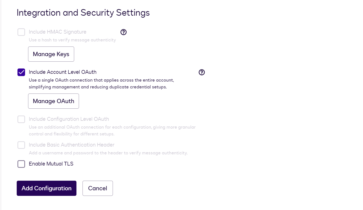 Security Settings section showing Include Account Level OAuth and Include HMAC Signature options