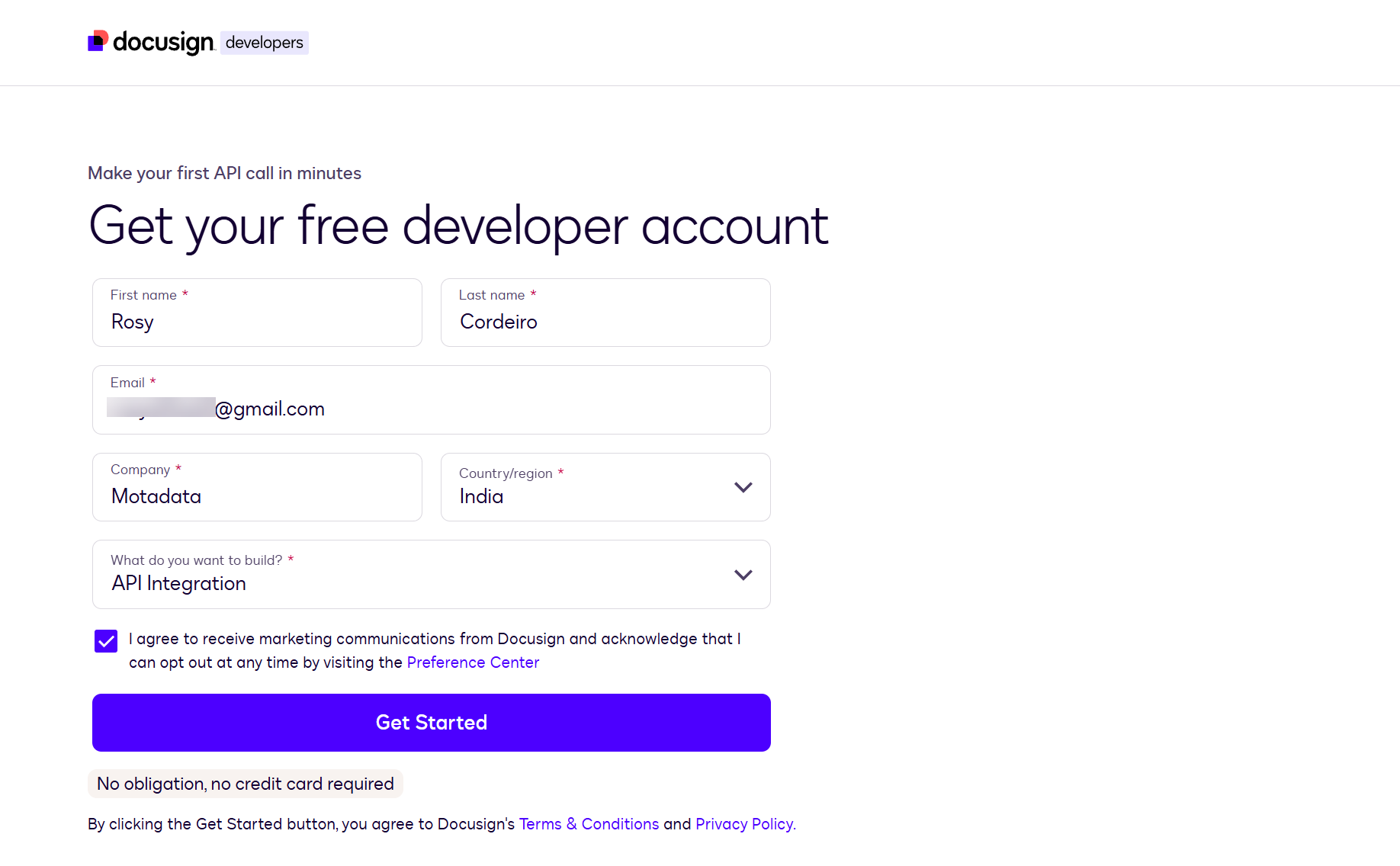 DocuSign registration form showing First name, Last name, Email, Company, Country/region, and What do you want to build fields with the Get Started button