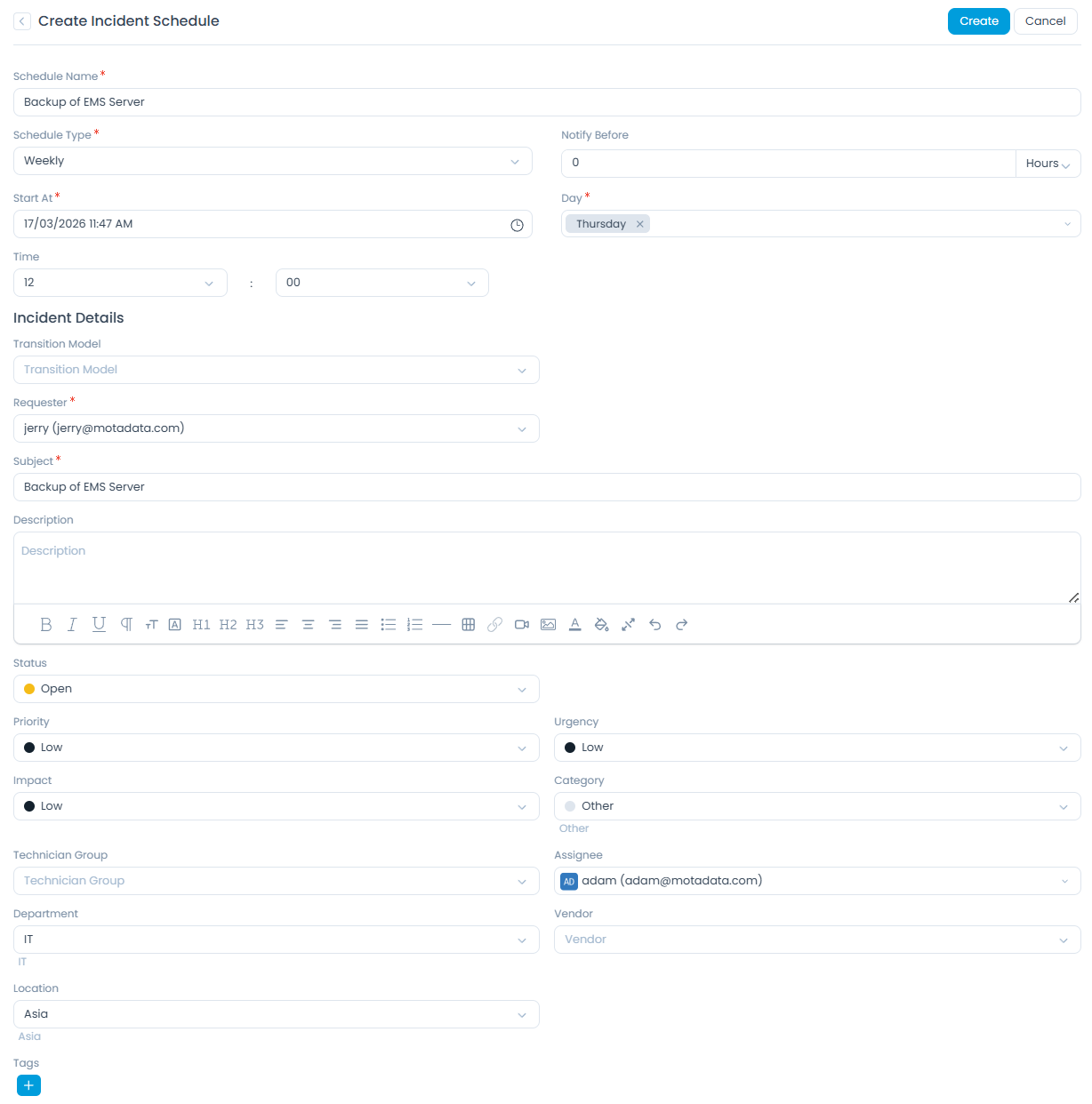 Create Incident Schedule Page