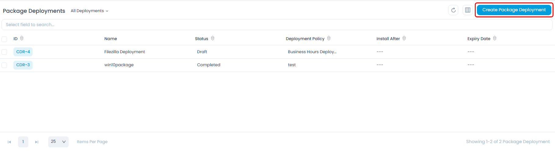 Create Package Deployment button