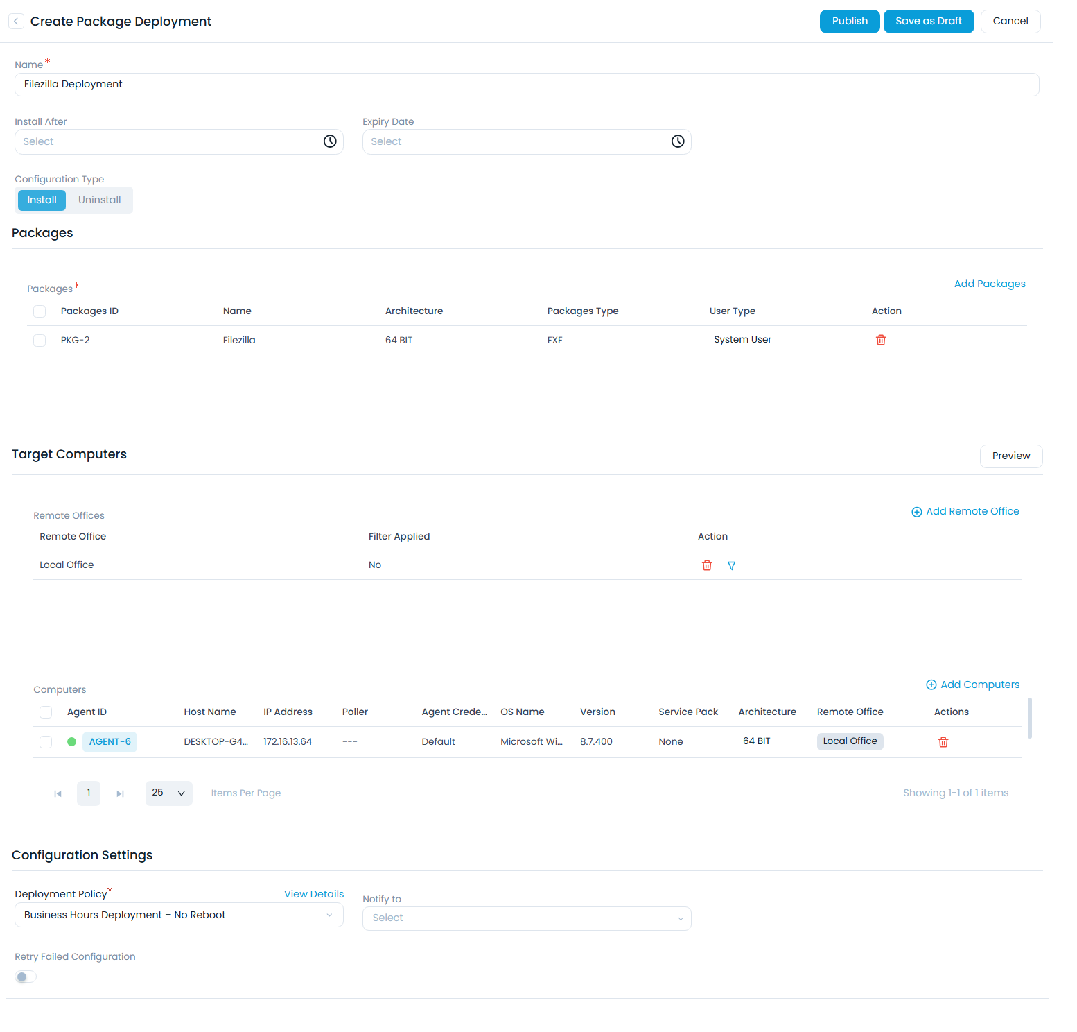 Create Package Deployment Page
