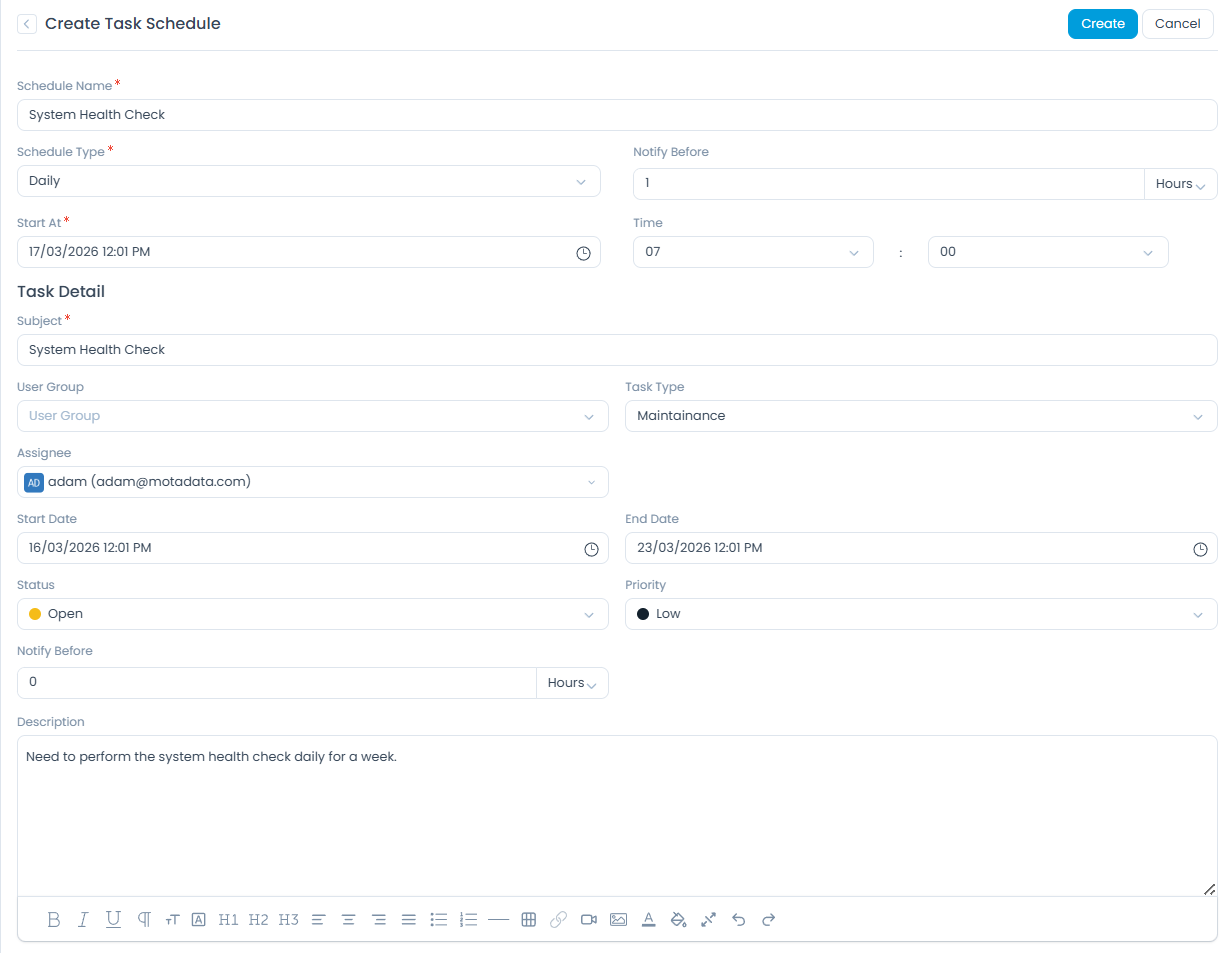 Create Task Schedule Page