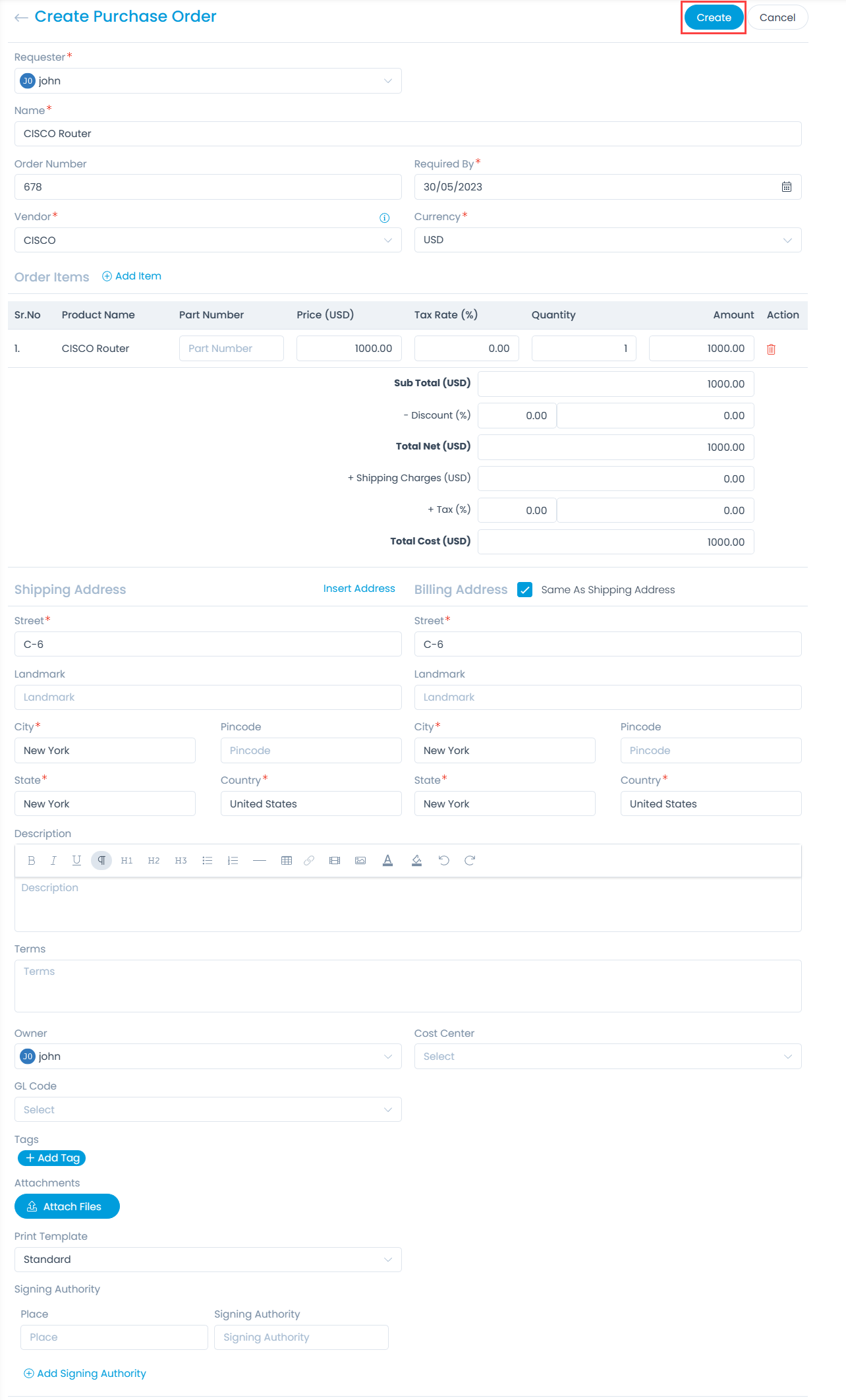 Creating a Purchase Order