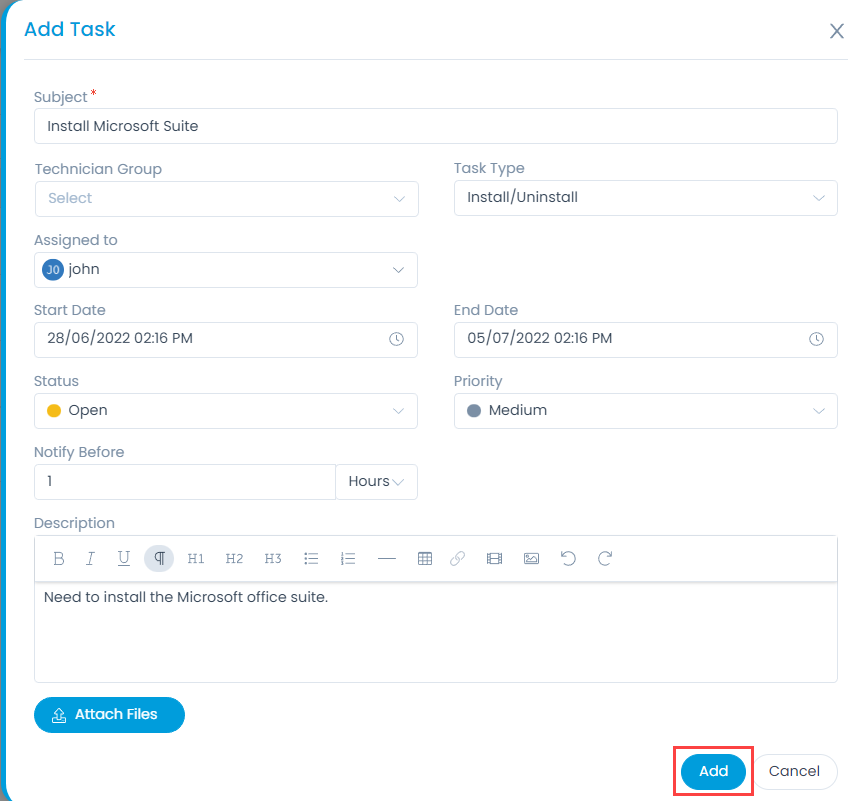 Creating or Adding a Task
