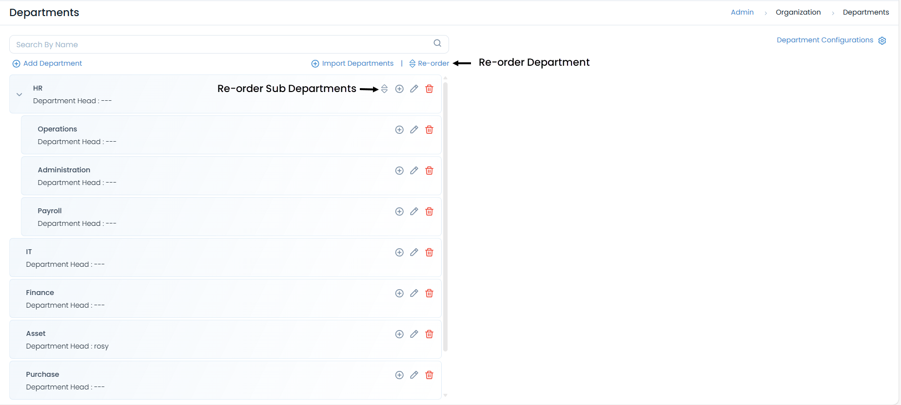 Options to Re-Order Departments and Sub Departments