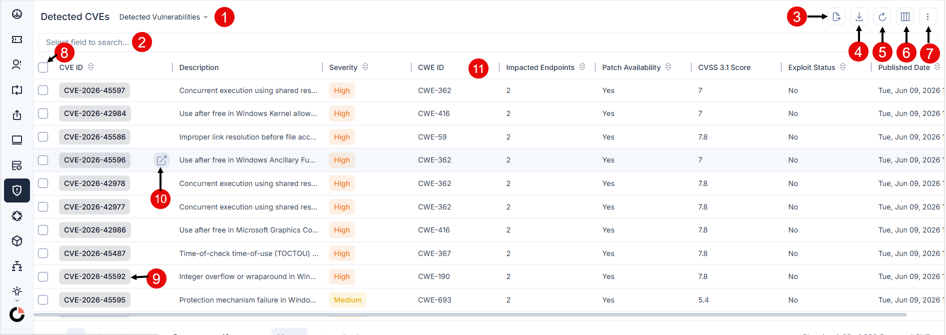 Detected CVEs list page