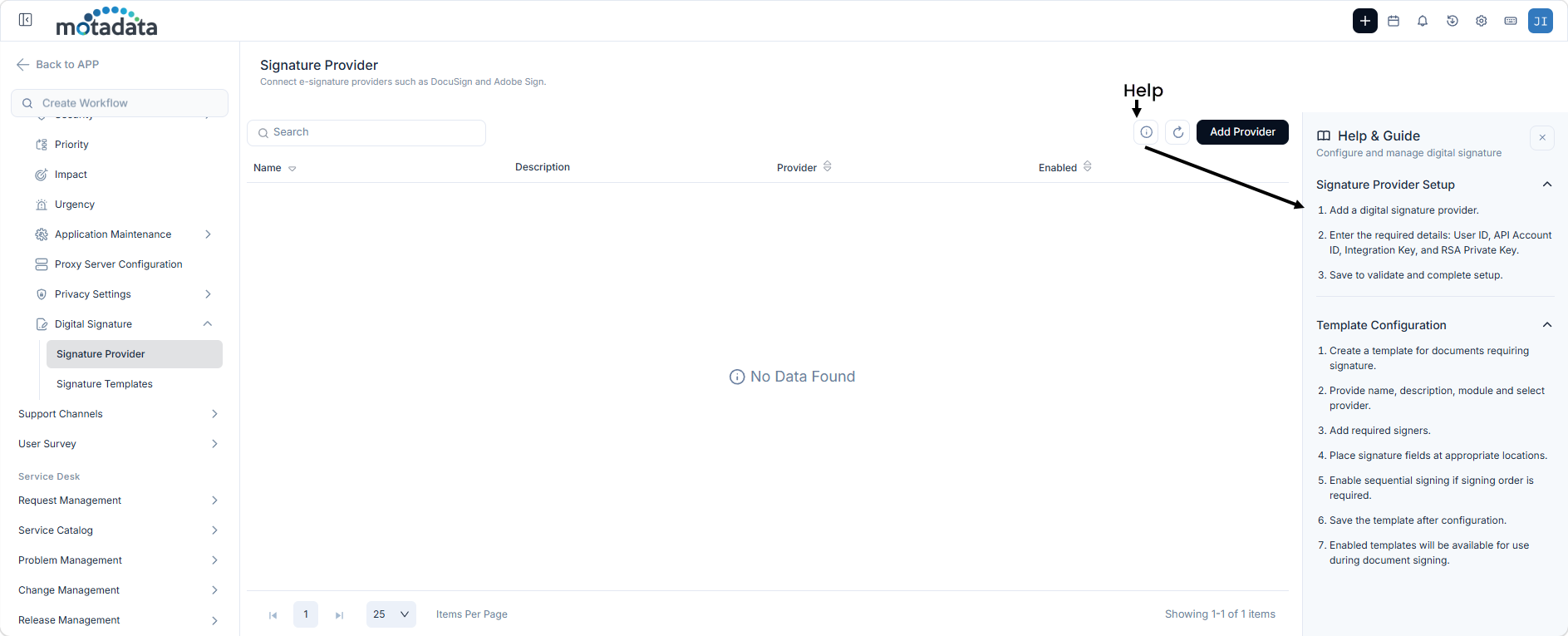 Digital Signature Provider list page showing a search bar, Add Provider button, and a table with Name, Description, Provider, Enabled, and Action columns