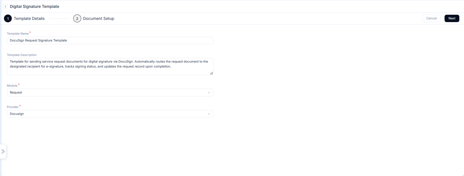 Template Details step showing Template Name text field, Template Description textarea, Module dropdown set to Request, and Provider dropdown set to Docusign, with a two-step progress indicator at the top and Next and Cancel buttons