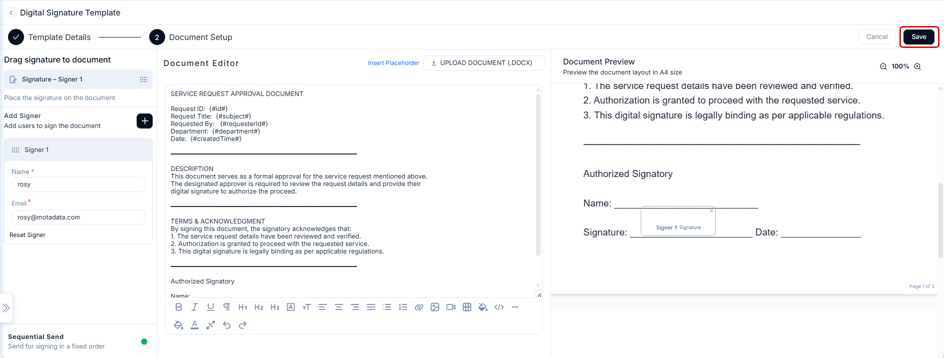 Document Setup step