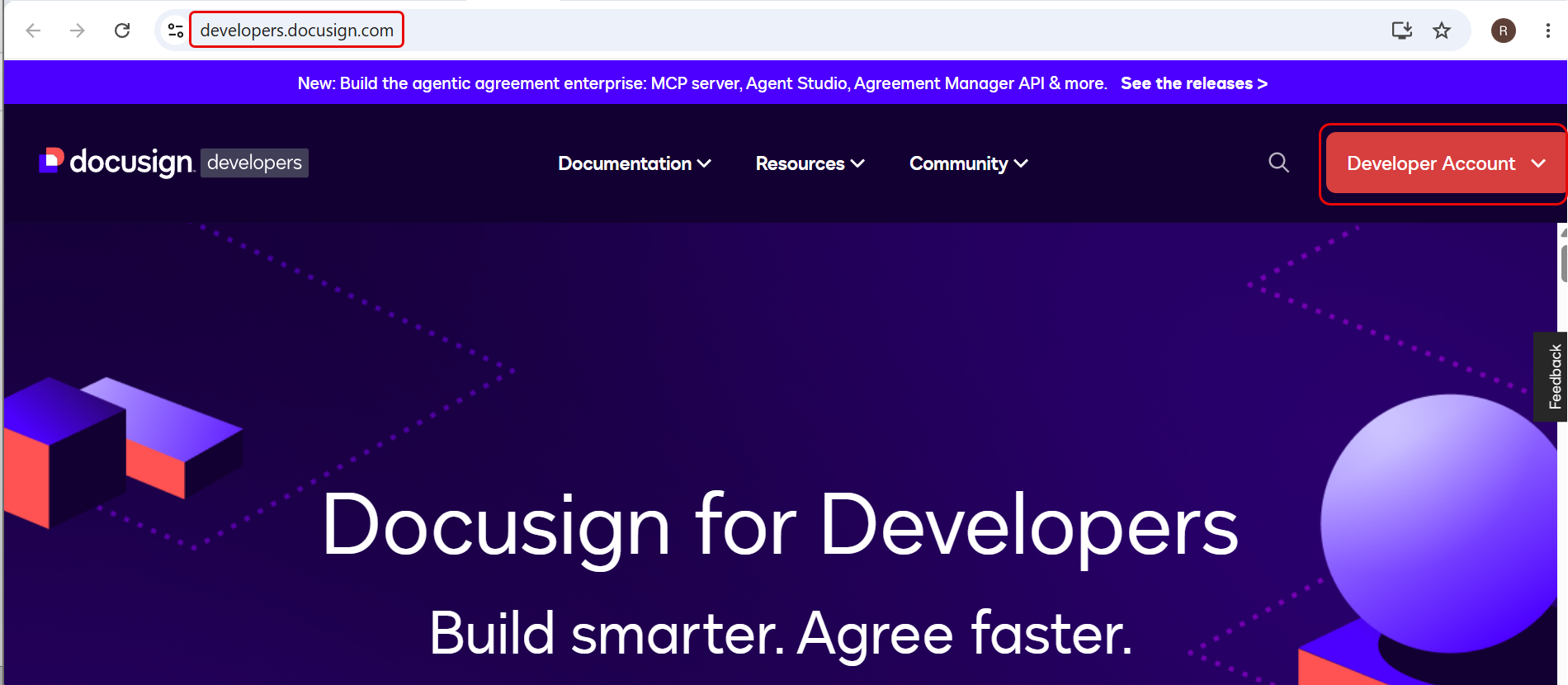 DocuSign developers website showing the Create Free Account option