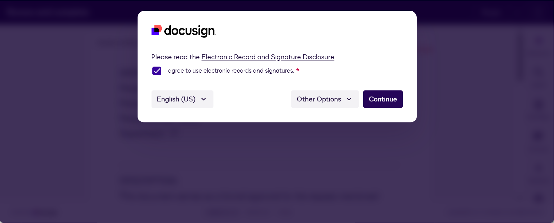 DocuSign Electronic Record and Signature Disclosure dialog with the agreement checkbox checked and a Continue button