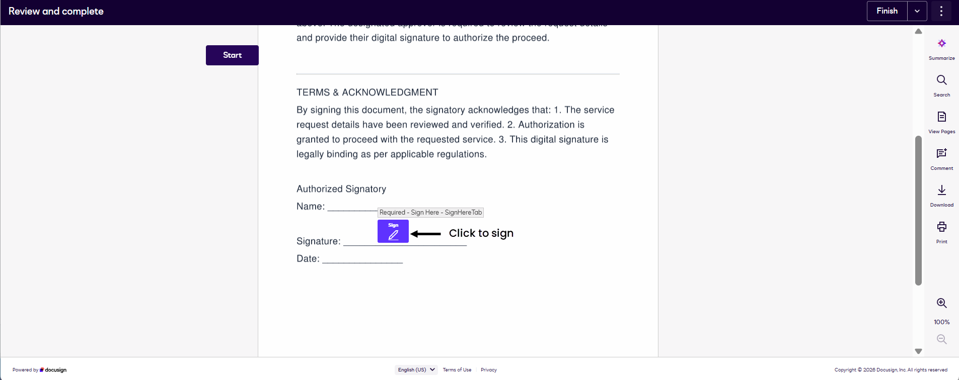 DocuSign document viewer showing the Terms and Acknowledgment document with a Start button on the left and a Sign button on the signature field