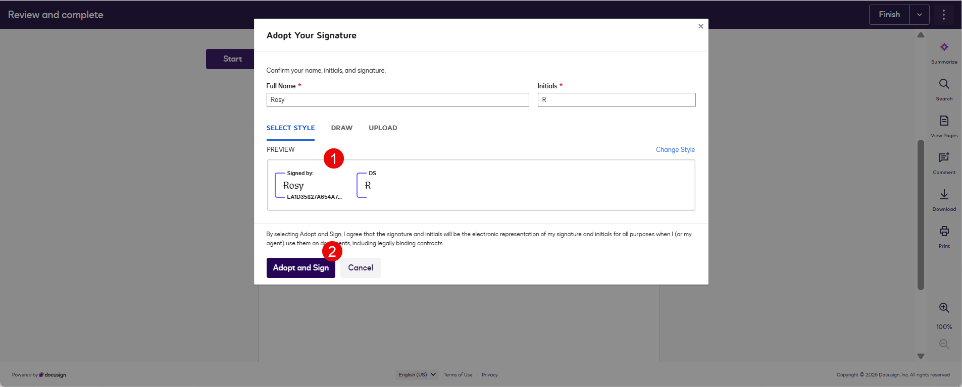 DocuSign Adopt Your Signature dialog showing Full Name and Initials fields, a SELECT STYLE tab with a signature preview, and an Adopt and Sign button