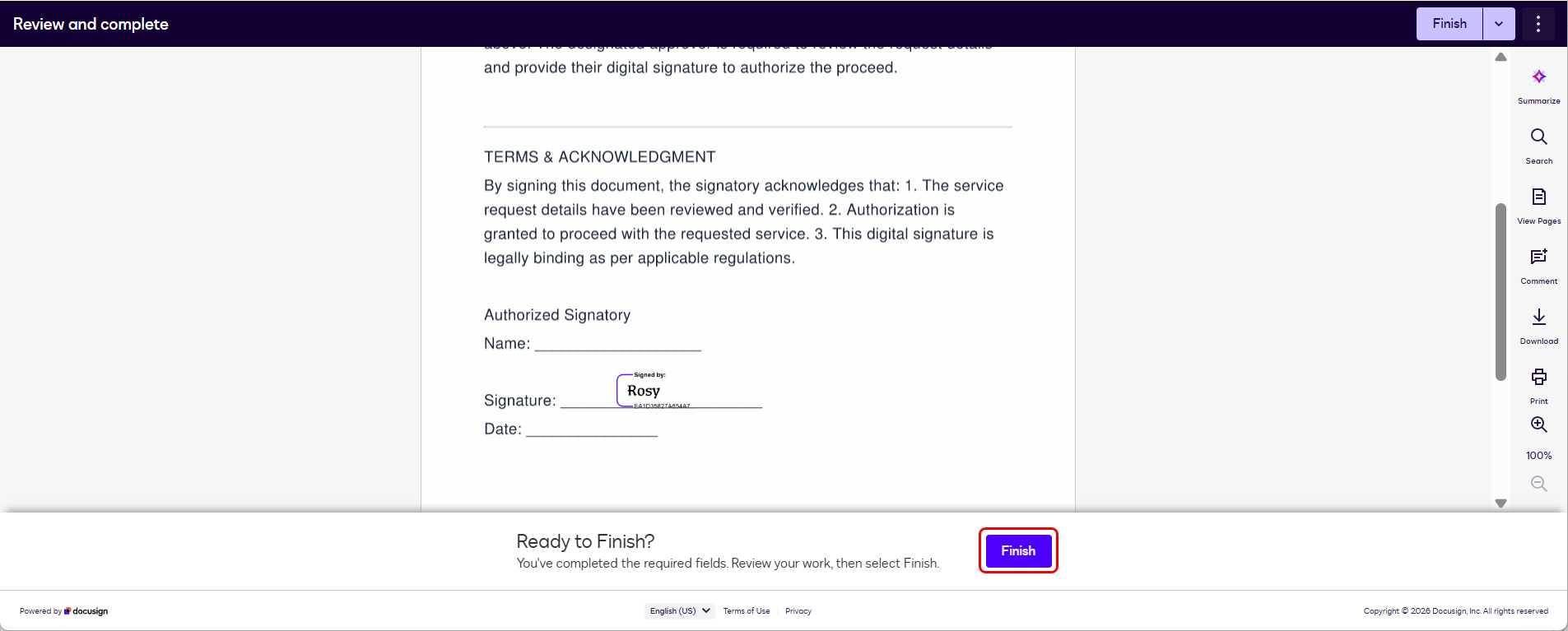 DocuSign document viewer showing the signature placed on the document with a Ready to Finish bar at the bottom and the Finish button highlighted
