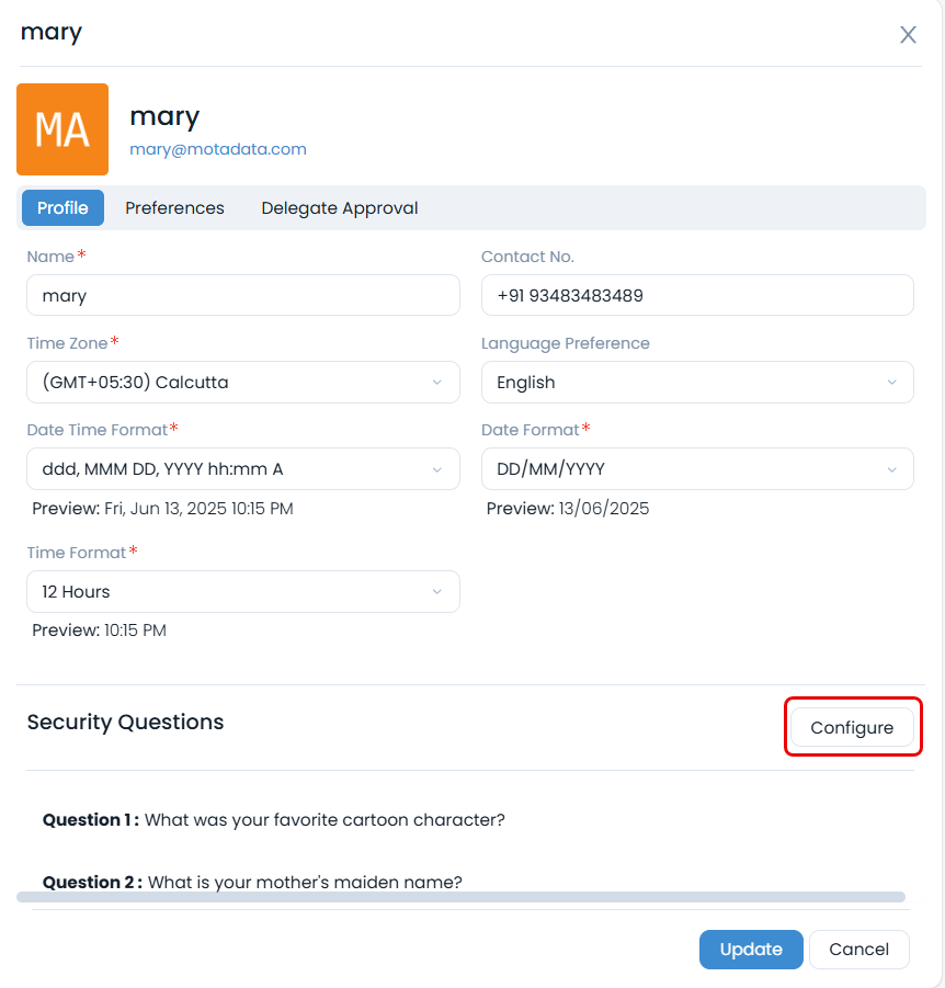 Configure Security Question button