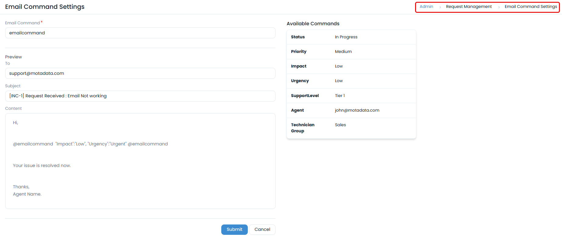 Email Command Settings