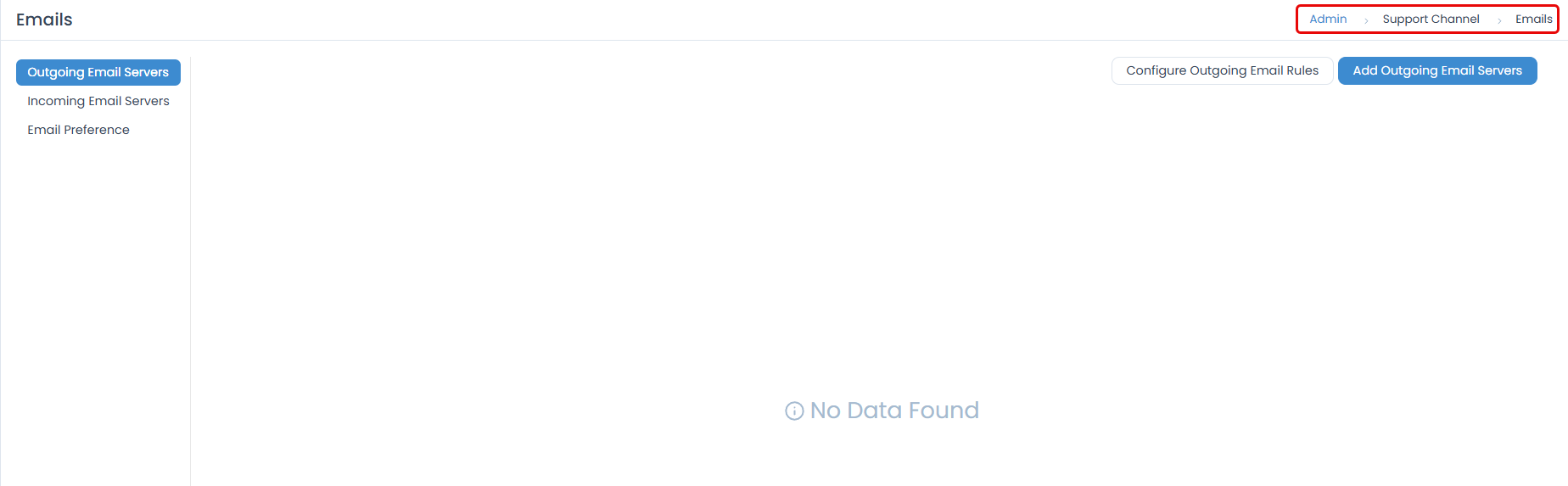 Screenshot of the ServiceOps Emails menu, displaying Outgoing Email Servers, Incoming Email Servers, and Email Preference tabs.