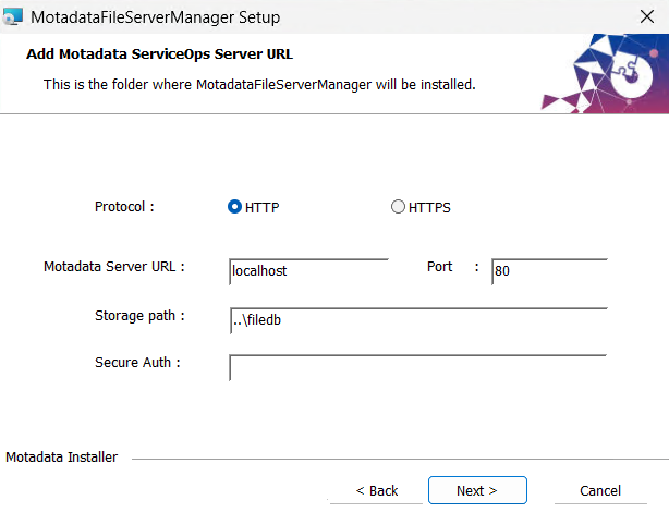 File Server configuration step showing Protocol, Server URL, Port, Storage path, and Secure Auth fields
