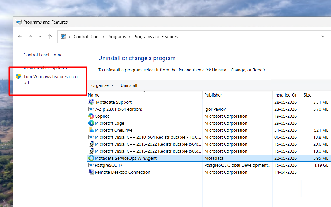 Programs and Features showing the Turn Windows features on or off link