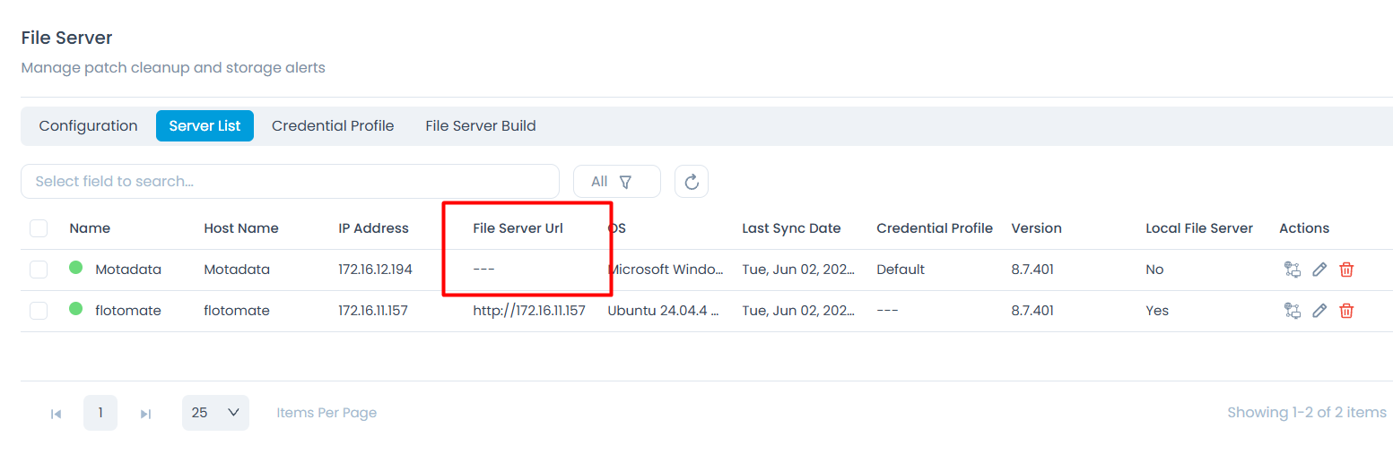 File Server list in ServiceOps showing the blank File Server URL field