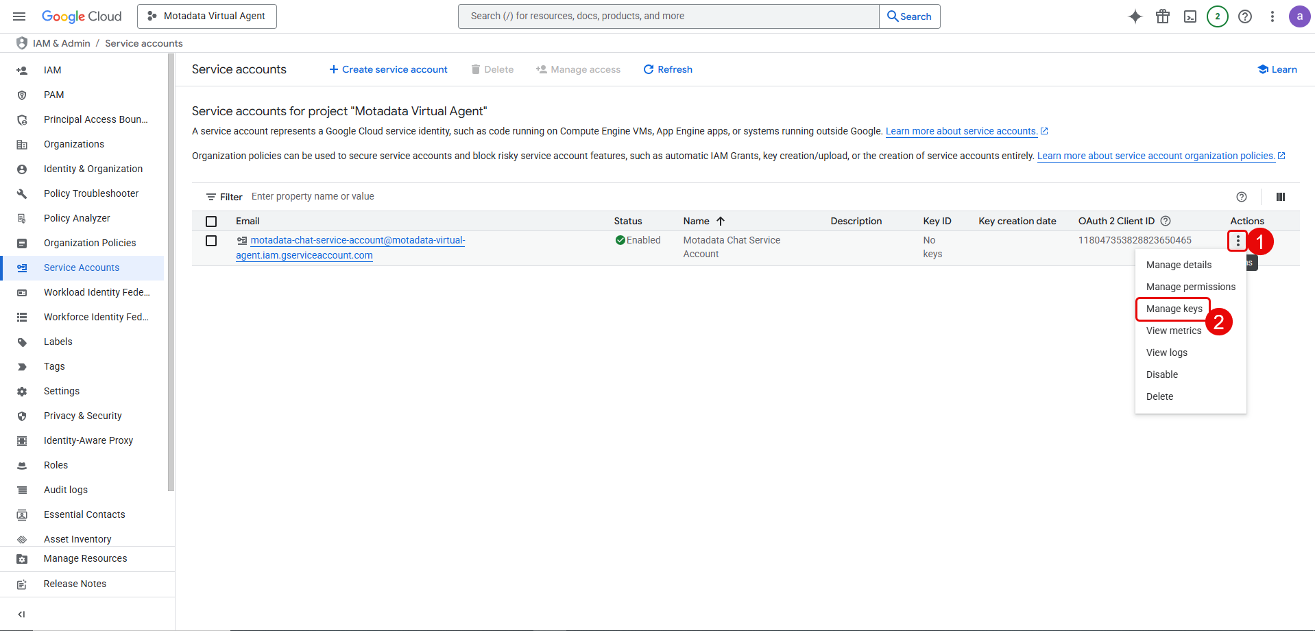 Manage keys for Service Account