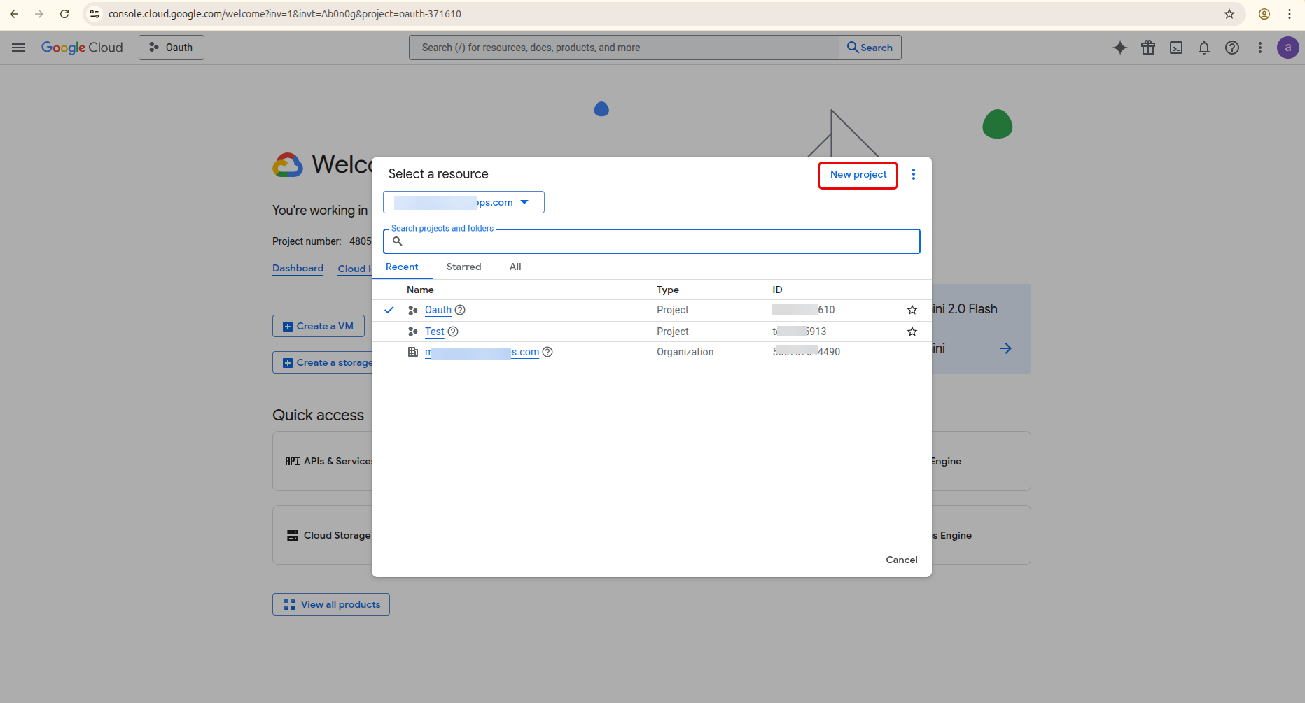 Enter project name and create