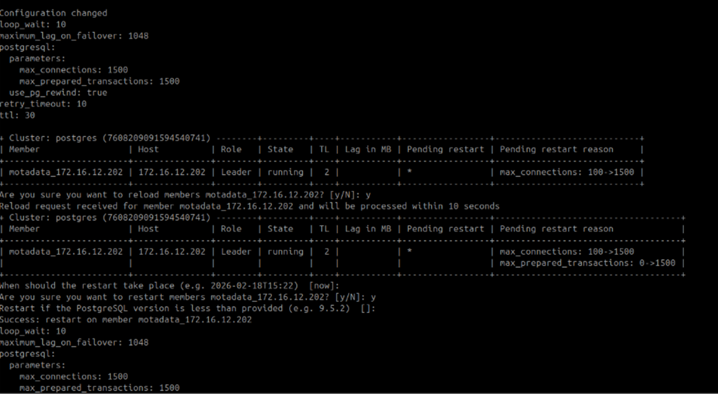Terminal showing Patroni cluster reload and restart confirmation prompt with y entered on the Master
