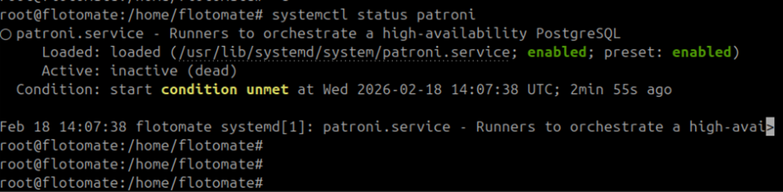 Terminal showing Patroni service status as inactive on the Slave machine after setup