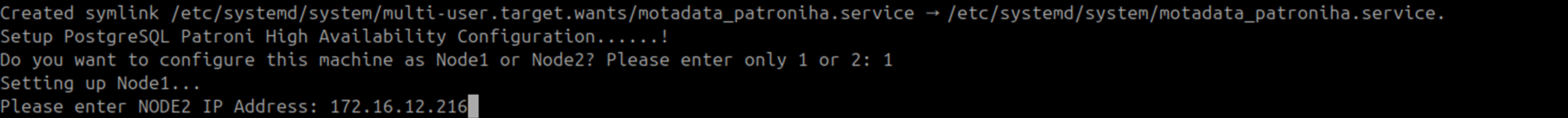 Terminal showing Node 1 selected and the Slave DB IP address entered for Patroni Master DB setup