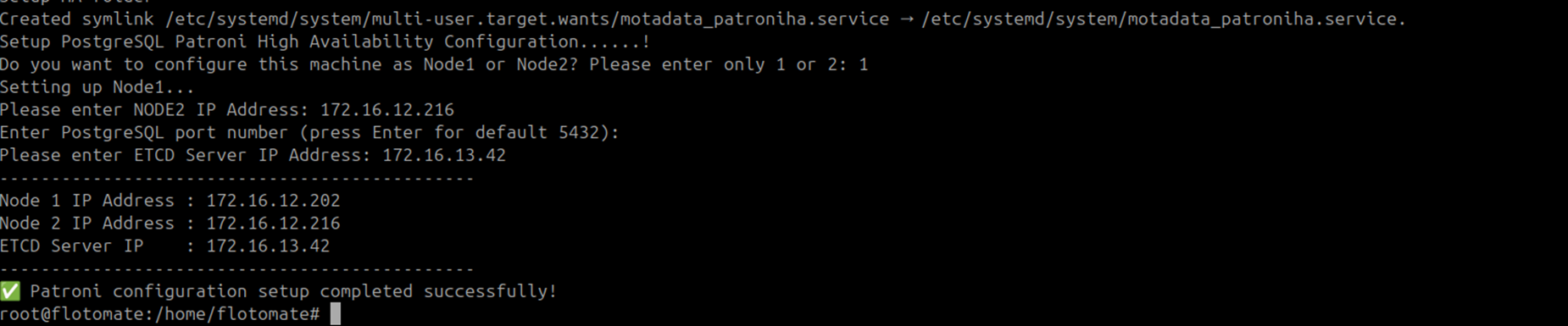 Terminal showing the ETCD IP address prompt during Patroni Master DB configuration
