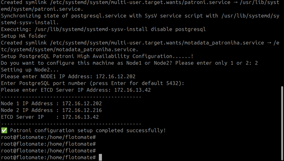 Terminal showing Node 2 selected with Master DB and ETCD IP addresses entered for Patroni Slave DB setup