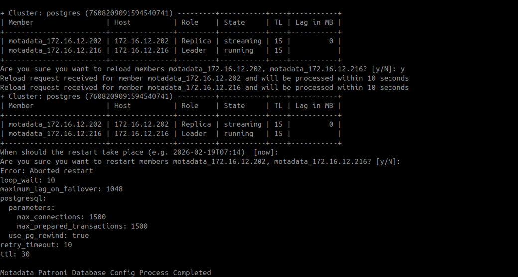 Terminal showing the MotadataPatroniHADBConfig password prompt on the Slave DB