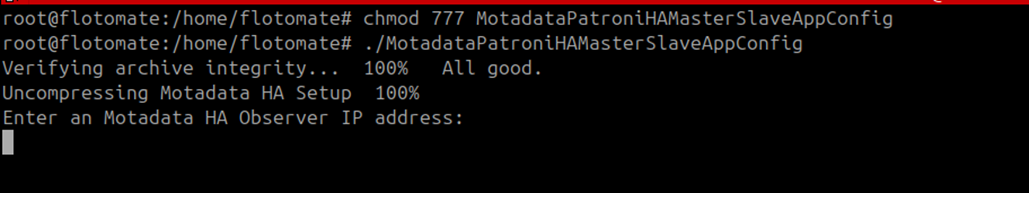 Terminal showing the Observer IP address prompt during Master APP configuration on APP 1