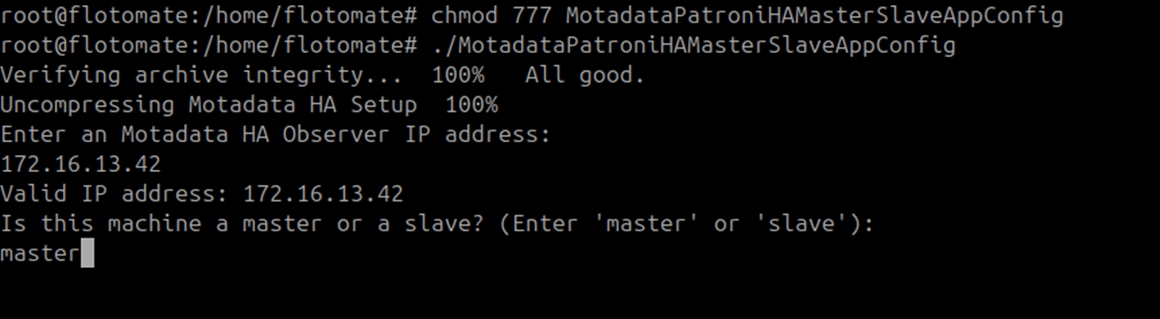 Terminal showing master entered at the machine role prompt on APP 1