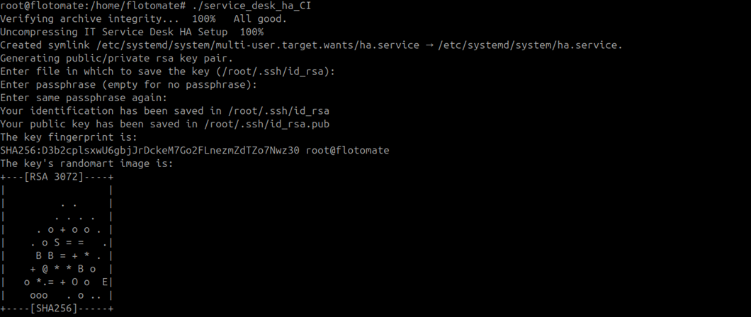 Terminal showing service_desk_ha_CI starting and beginning SSH key pair generation on the Observer