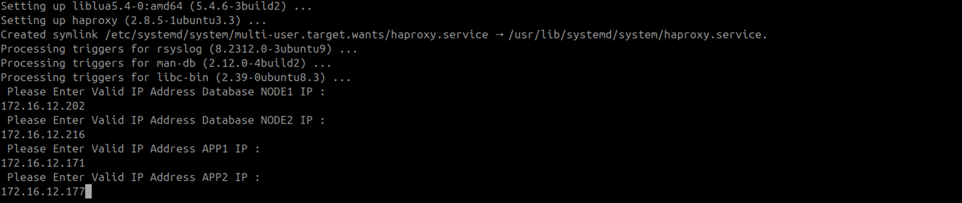 Terminal showing APP Node 1 and APP Node 2 IP address entries in the HAProxy configuration