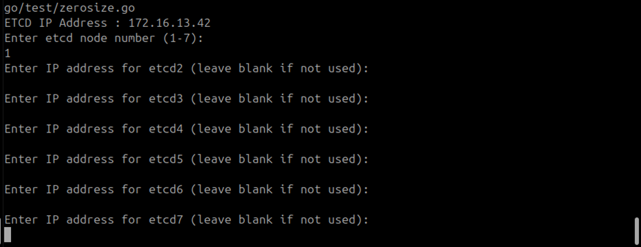 Terminal showing 1 entered at the ETCD node number prompt for a single-node cluster