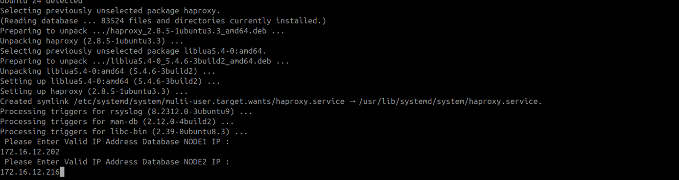 Terminal showing DB Node 1 and DB Node 2 IP address entries in the HAProxy configuration