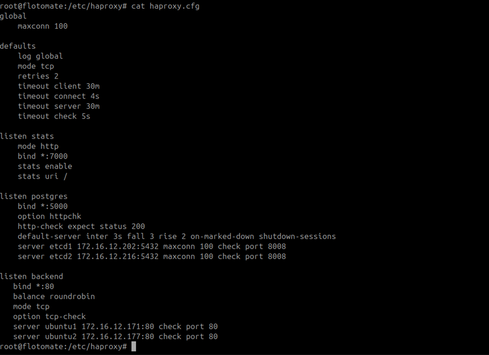 HAProxy configuration file showing global, defaults, listen stats, listen postgres, and listen backend sections