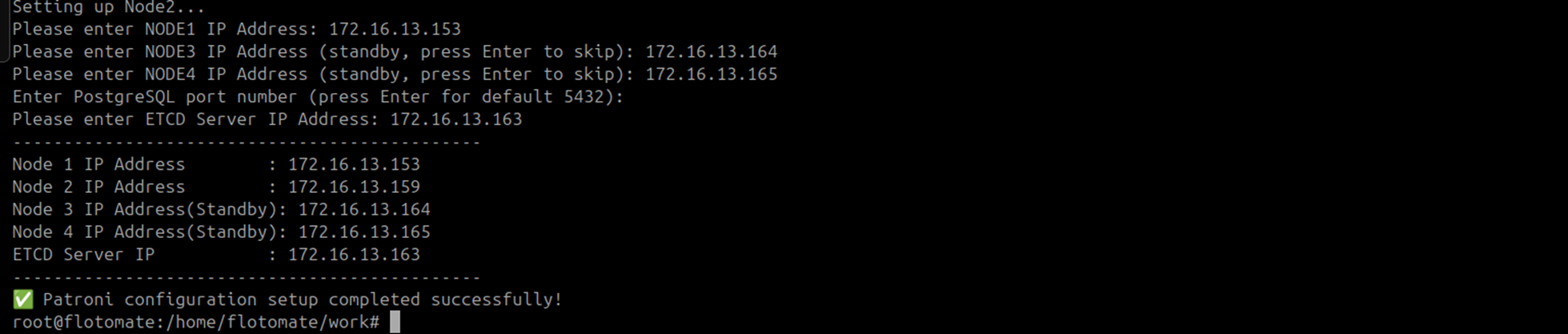 Terminal showing Patroni setup completed on the DC Slave