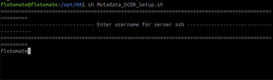 Terminal showing the SSH username prompt during Motadata_DCDR_Setup.sh execution on the DC Master