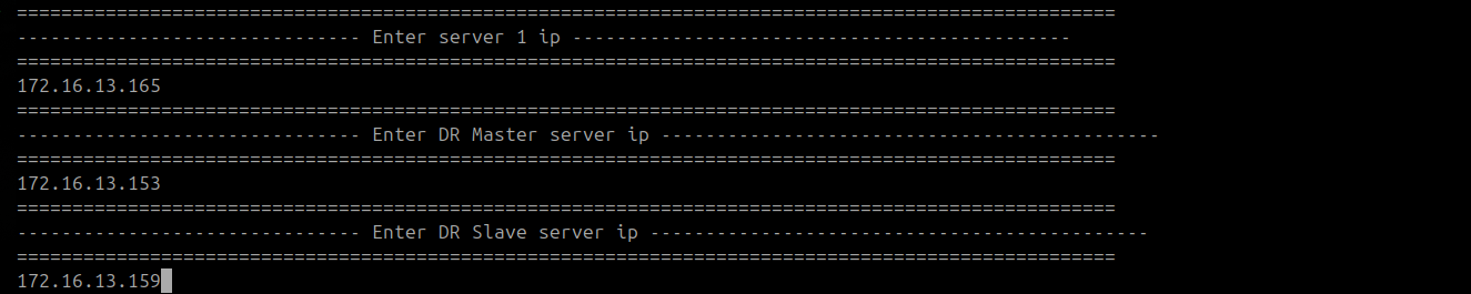 Terminal showing the DR Master IP entered for Server 1 during DCDR setup on the DR Slave