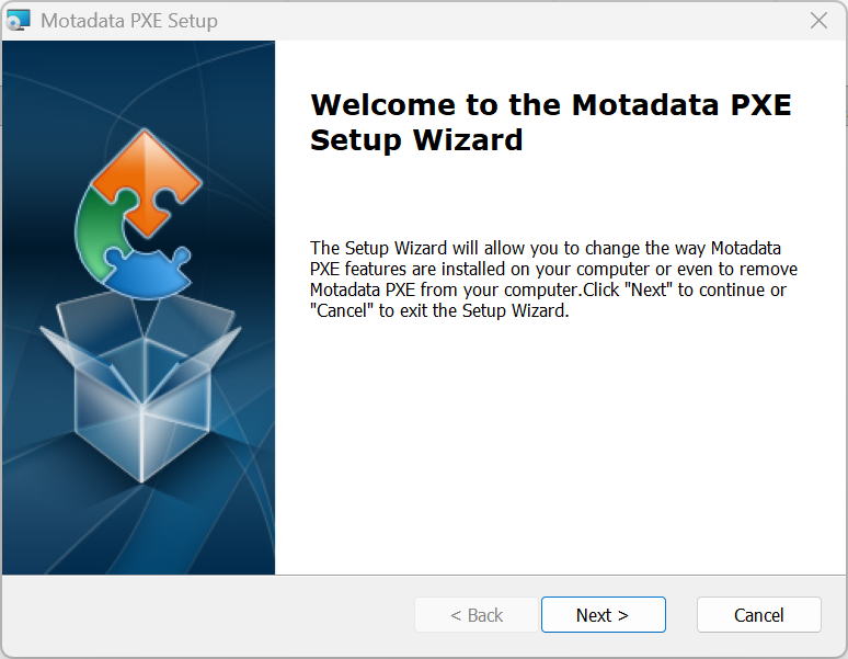 Motadata PXE Setup Wizard welcome screen showing Next and Cancel buttons