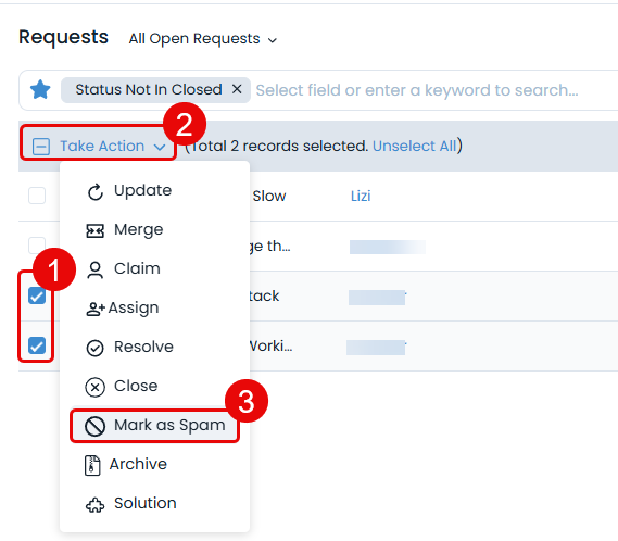 Selecting Requests and Marking as Spam