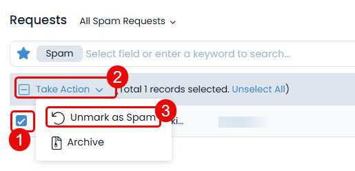 Selecting Requests to unmark as Spam