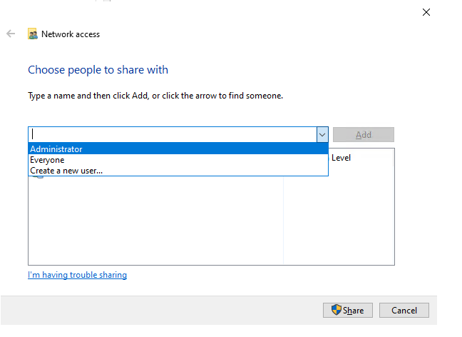 Dropdown showing Administrator, Everyone, and Create a new user options