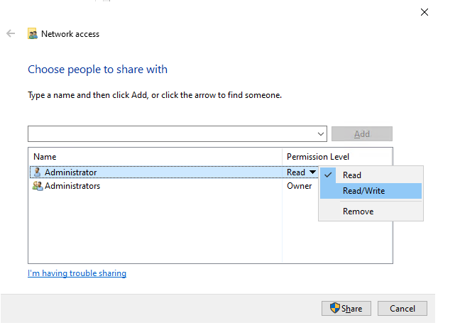 Permission Level dropdown with Read/Write selected