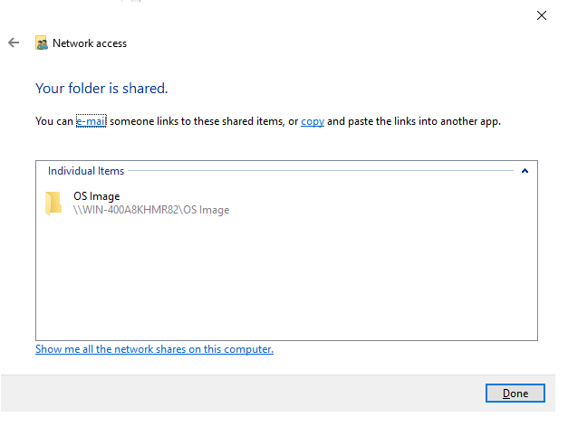 Your folder is shared confirmation showing the UNC path